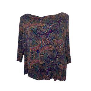 Talbots Womens Paisley Boatneck Top Plus Size 2x Jewel Tones 3/4 Sleeves Career
